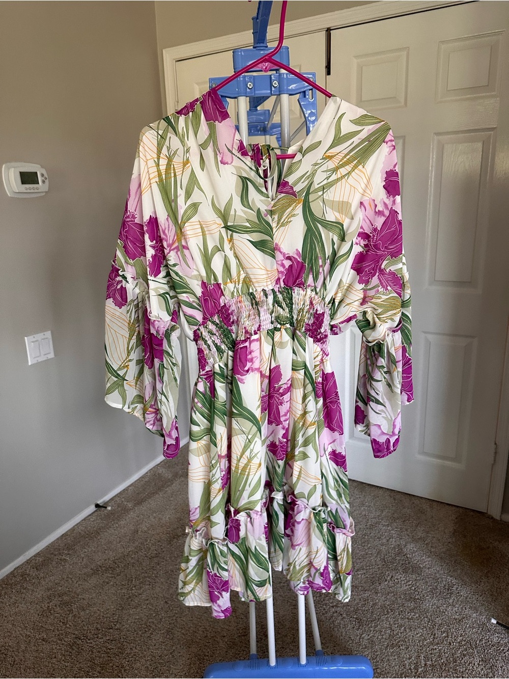 Floral Tie-Waist Mini Dress in White with Pink & Green Print